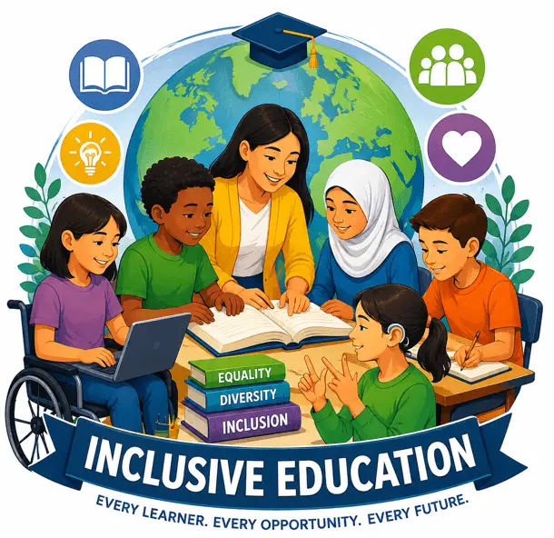 Colourful illustration promoting inclusive education, showing a teacher reading with a diverse group of children around a table. The group includes a child using a wheelchair, a child using sign language, and children from different cultural backgrounds. Books labelled "Equality", "Diversity", and "Inclusion" are displayed, with a globe and education-related icons in the background. The text reads: "Inclusive Education: Every Learner. Every Opportunity. Every Future."