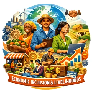 Illustration of people engaged in farming, business, digital work and entrepreneurship, representing economic inclusion and sustainable livelihoods