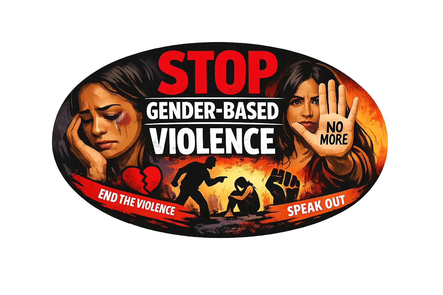 Awareness poster against gender-based violence. The poster shows a distressed woman with visible injuries, another woman holding up her hand with the words "No More," and silhouettes depicting violence and a victim. Prominent text reads "Stop Gender-Based Violence," with additional messages "End the Violence" and "Speak Out."