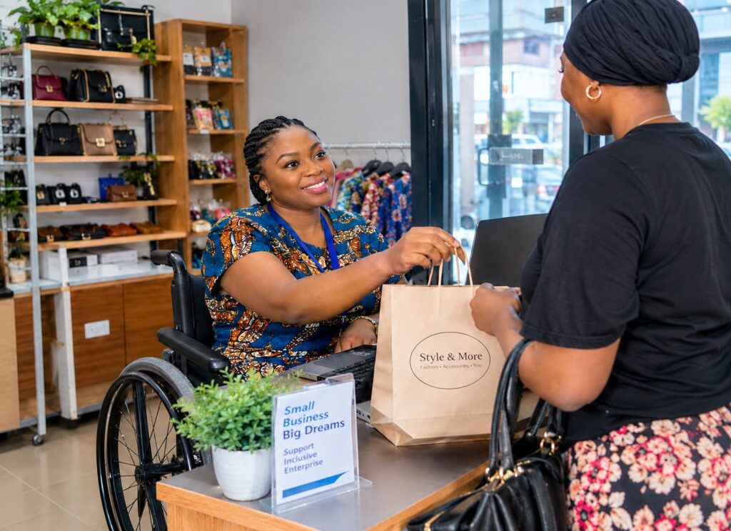 Nigerian woman with a disability running her business and serving a customer in an accessible shop